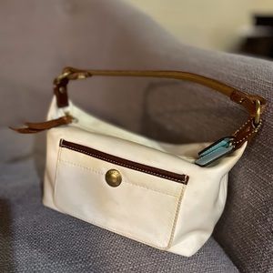 Coach small off white and tan microfiber bag